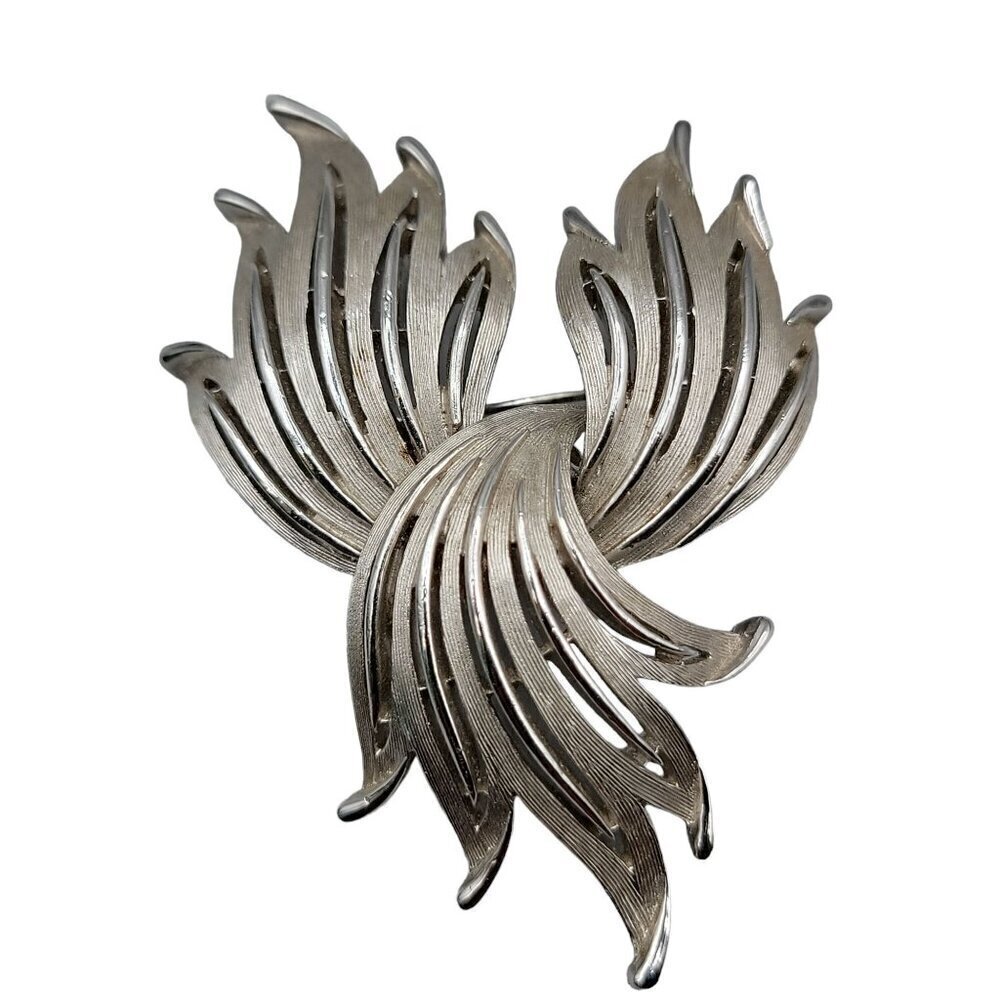 Crown Trifari Spray Brooch Matte & Silver Tone Vintage 1950s Pin